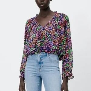 Zara Black Multicolor Ditsy Floral Printed Blouse Womens Small Boho Cottage Core